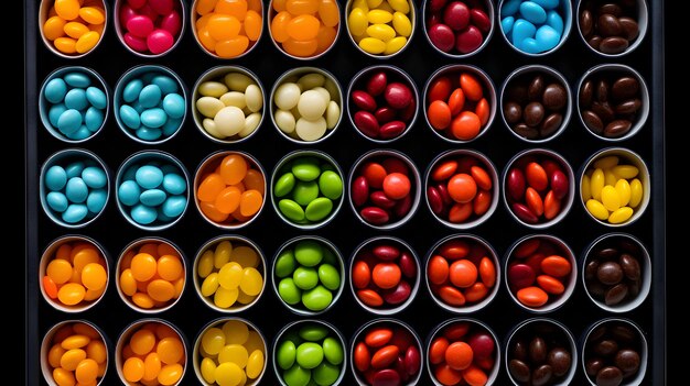 An assortment of different colored chewy candies in square trays