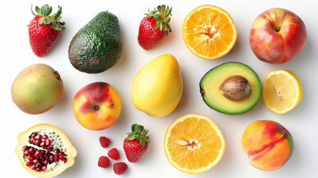 Assortment of different fruits and berries flat lay top view apple strawberry pomegranate mango avocado orange lemon kiwi peach isolated on white background