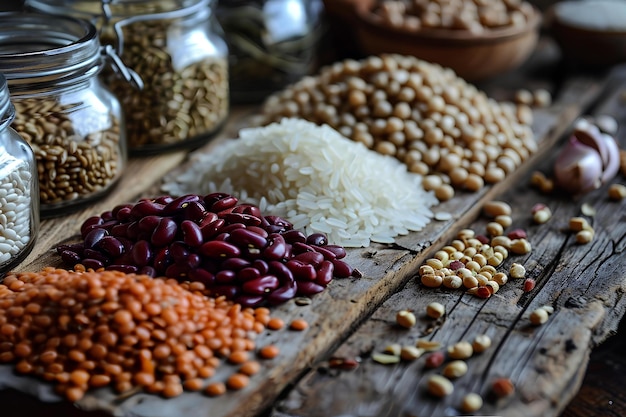 An assortment of different kinds of grains lays on a wooden table