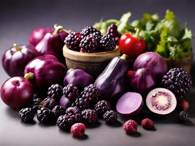 Ассортимент различных фиолетовых фруктов и овощей