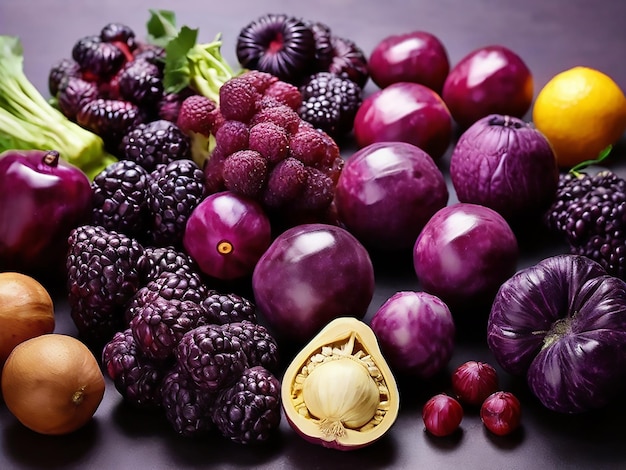 Assortment of different purple fruit and vegetable