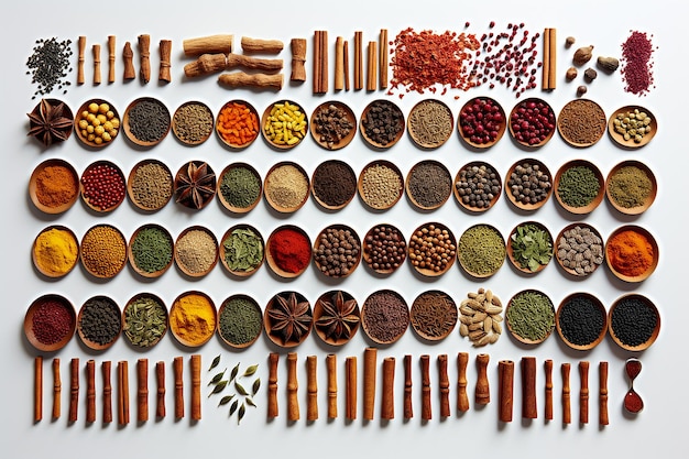 Photo assortment of different spices and seasonings on a white background