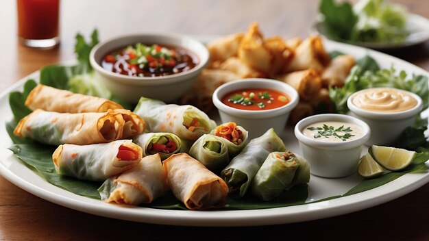 assortment of dipping sauces that accompany the vegetable spring rolls each with its unique flavor