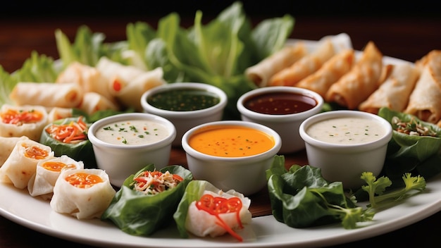 assortment of dipping sauces that accompany the vegetable spring rolls each with its unique flavor