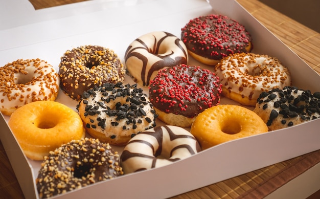 Assortment of donuts of different flavors in a box