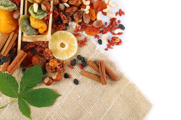 Assortment of dried fruits and nuts isolated on white