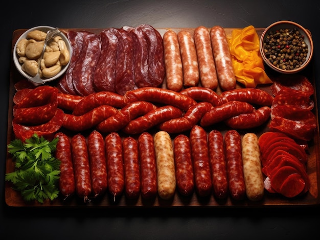 Assortment of dried and raw smoked sausages