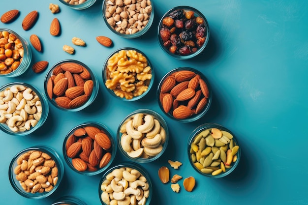 Assortment of dry fruits nuts and seeds on a blue background with palm leaves Glass bowls contain or