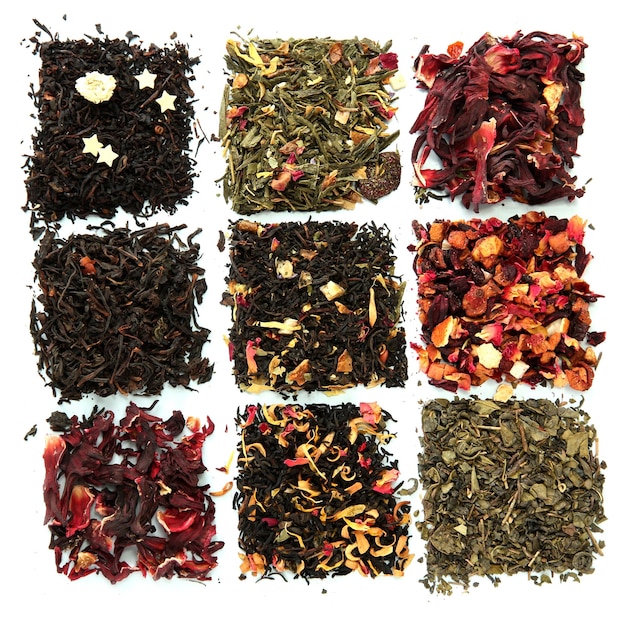 Photo assortment of dry tea isolated on white