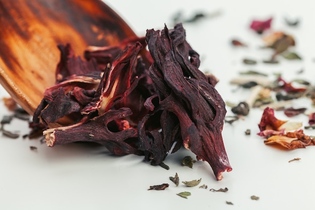 Assortment of dry tea leaves close up