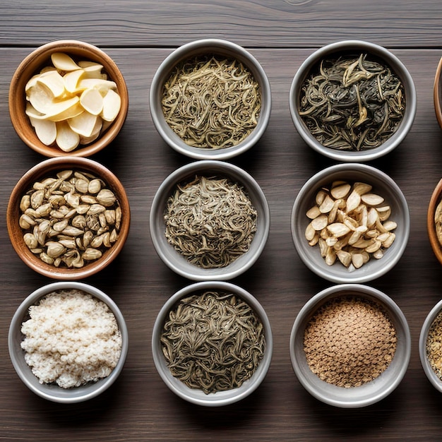 Assortment of dry tea in spoons on stone table