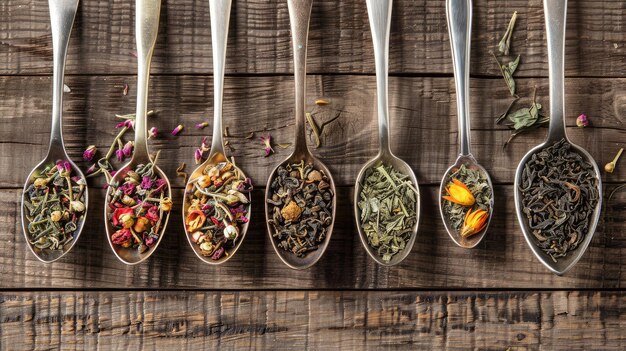 Photo assortment of dry tea in spoons on wooden background