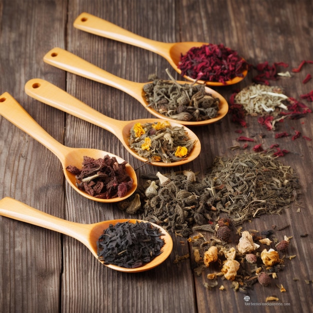 Assortment Of Dry Tea In Spoons On Wooden Background