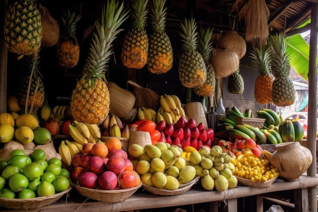 An assortment of exotic fruits at a tropical market created with generative ai