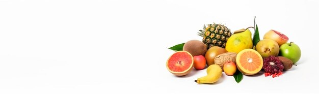 Photo assortment of exotic tropical fruits isolated on white background header banner mockup with space