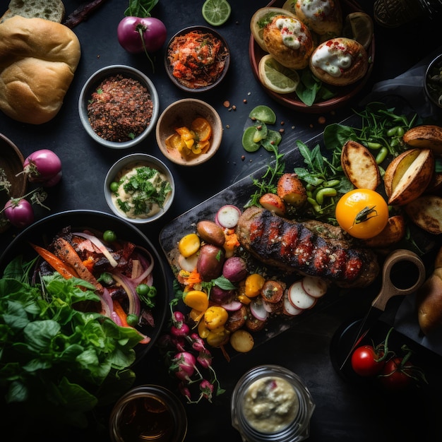 an assortment of food is laid out on a table