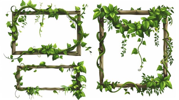 An assortment of frames made from liana vines with leaves and flowers Borders created with jungle plant branches in the shape of rectangular boxes and badges