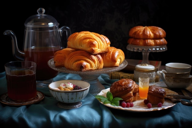 An assortment of french pastries with tea set created with generative ai