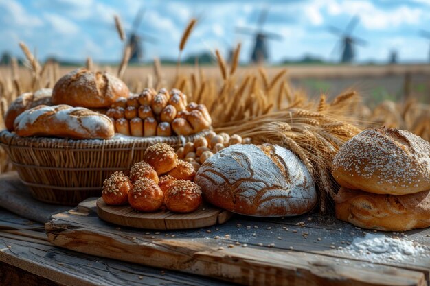 Assortment of fresh baked bread on wooden table at countryside