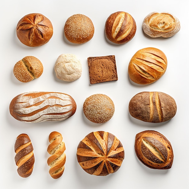 Assortment of fresh bakery products on white background