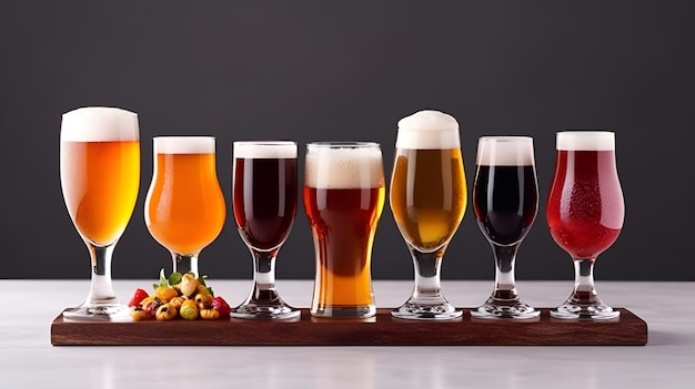 Assortment of fresh beer in different drinking glasses standing in line on a wooden board on grey background Set of juicy fruit beer including craft beer cherry kriek and belgin ale Generative AI