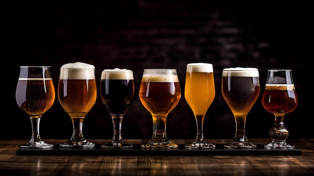 暗い背景に木製のテーブルの上に並ぶ、さまざまなグラスに入った新鮮なビールの品揃えラガークラフトビールクリークやベルジンエールなどのジューシーなフルーツビールのセットジェネレーティブAI