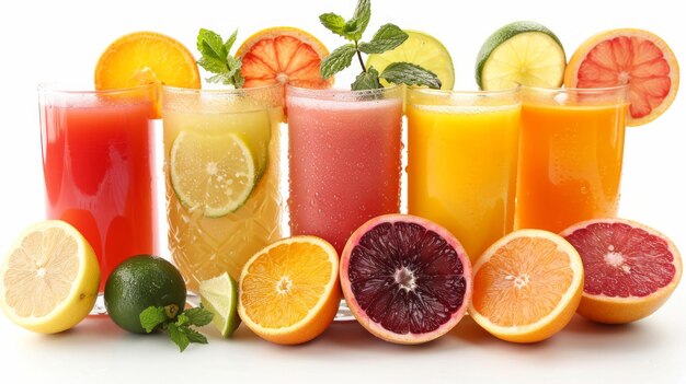 Assortment of fresh citrus juices alongside sliced orange grapefruit lemon and lime a refreshing sight of natural vitality AI Generative