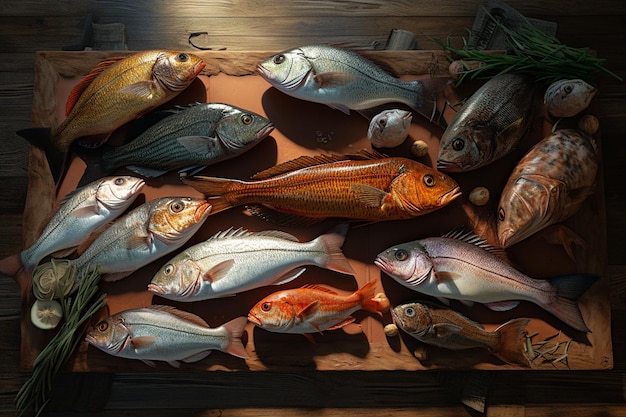 Photo assortment of fresh fish on a wooden background top view ai generated