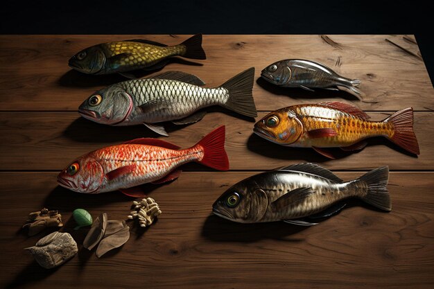 Photo assortment of fresh fish on a wooden background top view ai generated