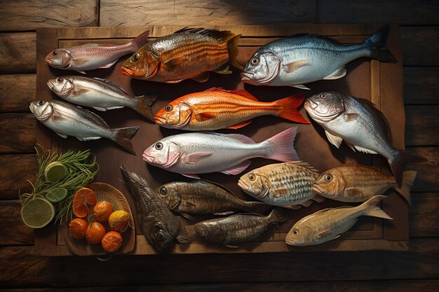 Photo assortment of fresh fish on a wooden background top view ai generated