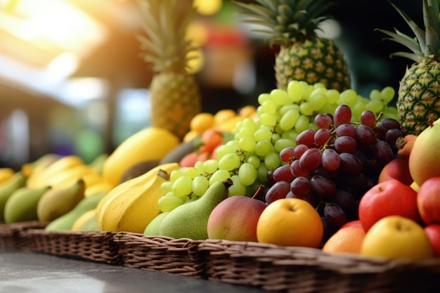 Assortment of fresh fruits closeup at farmer's market with blurred copy space