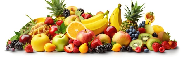 Assortment of Fresh fruits mixed on white background Fresh fruits Wide banner Generative AI