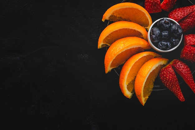 Assortment of fresh fruits seen from above