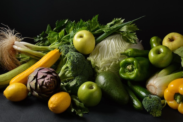 新鮮な果物や野菜の品揃え健康食品の背景スーパーマーケットでのショッピング食品