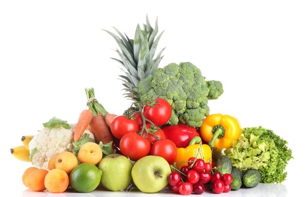 Assortment of fresh fruits and vegetables isolated on white