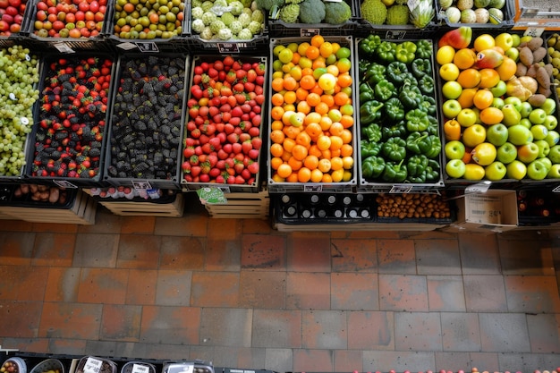 Photo assortment of fresh fruits and vegetables at market stand