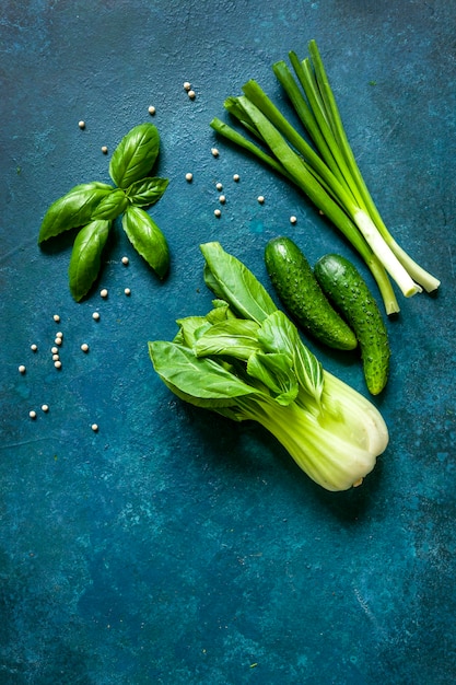 Assortment of Fresh harvested green vegetables and fruits