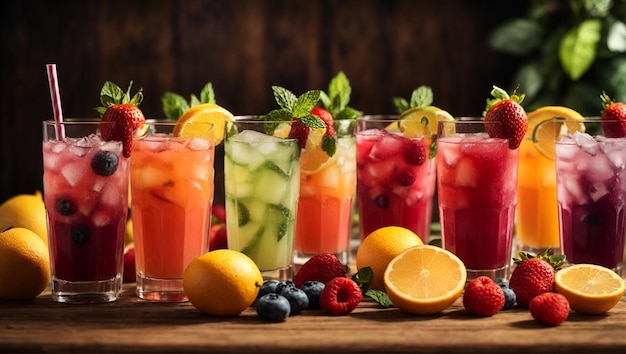 Photo assortment of fresh iced fruit drinks on wooden background ai generated