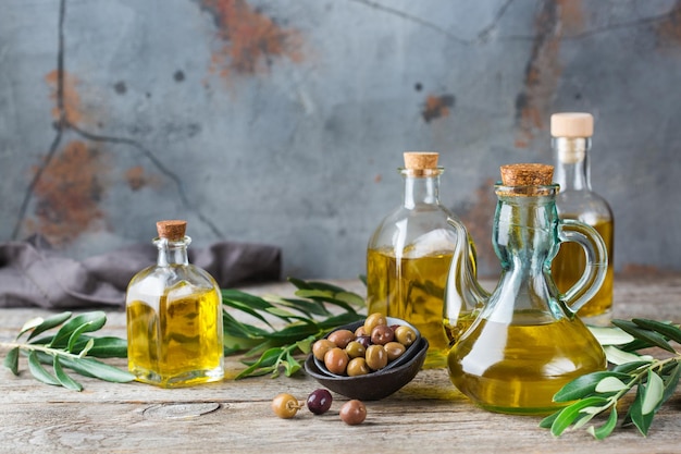 Assortment of fresh organic extra virgin olive oil in bottles