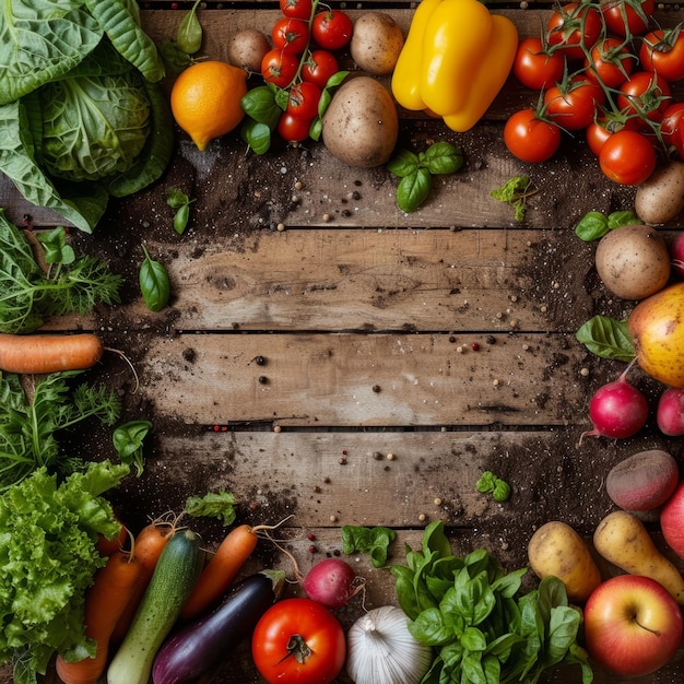 Foto assortimento di verdure e frutta fresche su uno sfondo di legno rustico dall'alto