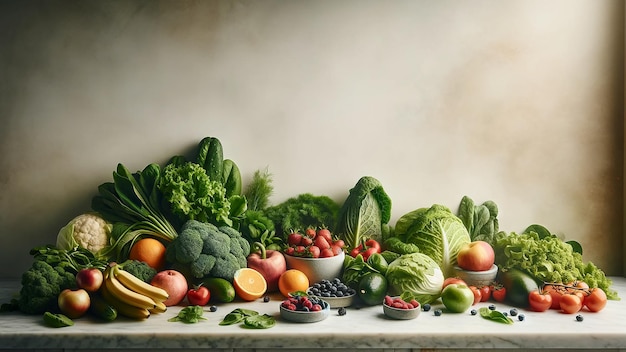 Ассортимент свежих овощей и ягод аккуратно мраморный столик