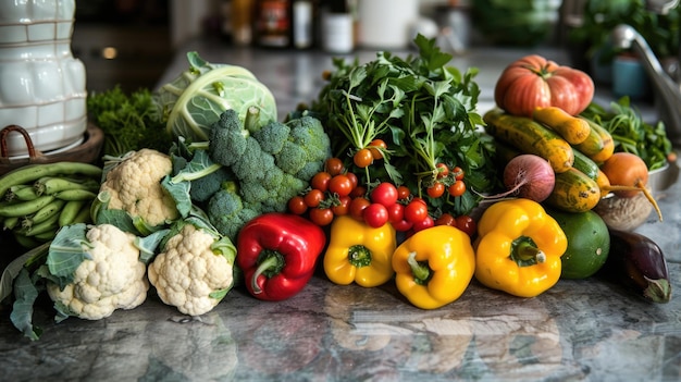 Assortment of fresh vegetables including tomatoes bell peppers eggplants