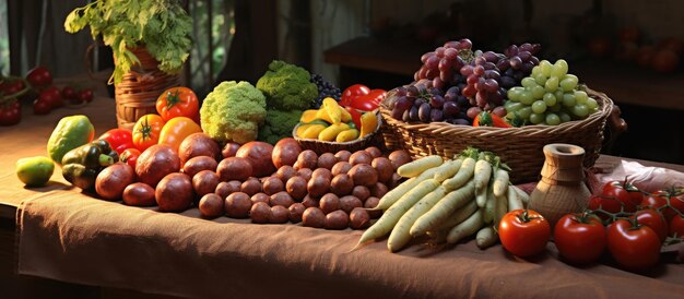 Photo assortment of fresh vegetables and sausage displayed on the table