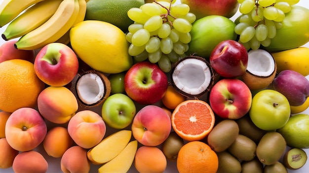 Assortment of fruit bananas mango green grapes apple coconut peaches apricots tangerines and