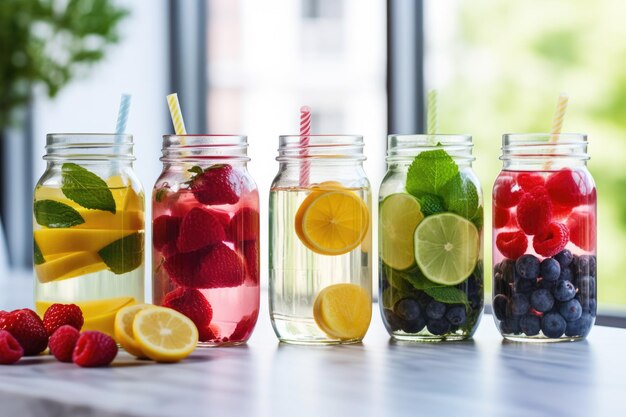 An assortment of fruitinfused water in jars