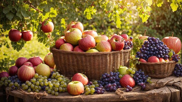 Assortment of fruits apples pears grapes in a basket in the garden