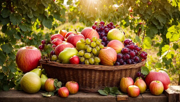 Assortment of fruits apples pears grapes in a basket in the garden