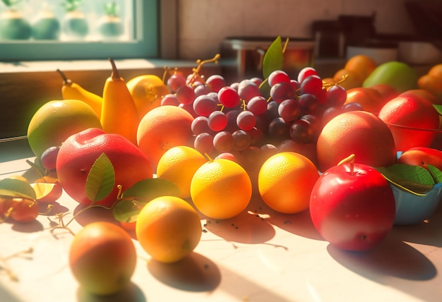 An assortment of fruits are shown on a flat white surface