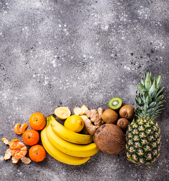 Assortment of fruits, arranged in colors