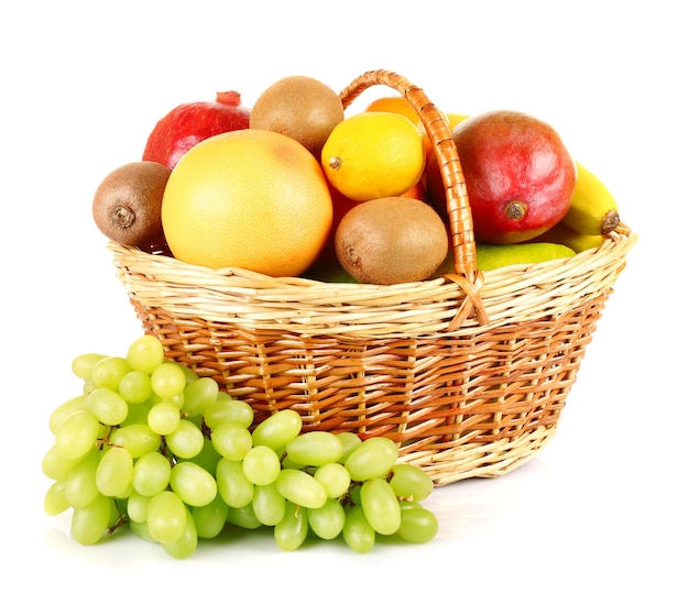 Assortment of fruits in basket isolated on white